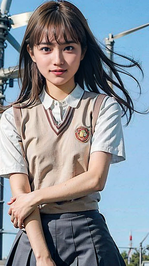 masterpiece, Highest quality, High resolution,8k, 1 hair clip, Tokiwadai School Uniform、Tokiwadai school emblem on the left chest、Short sleeve、 Photorealistic,Several wind turbines can be seen nearby.、blue sky、smile、Raise your index finger、Electricity shoots out from my fingers、Electric shocks burst from the body、Light grey mini skirt