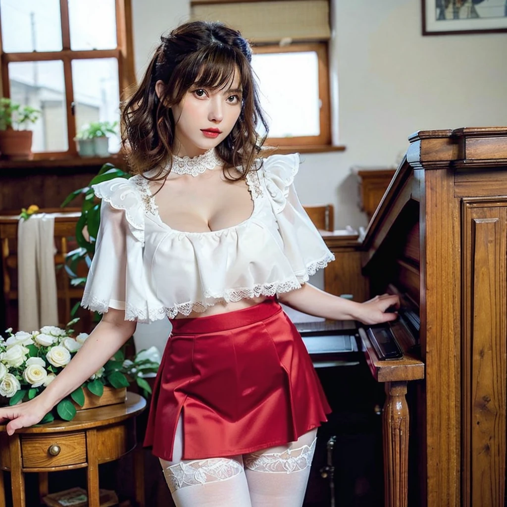 beauty secretary, A clear-skinned beauty, Gorgeous curly hair,
The calm expression on the face, Amazingly well-appointed,
The skin is radiantly white, For the audience,
In a frilly red shirt, White tight skirt,
Of course, she wears black pantyhose on her legs., 
Lifting a tight skirt, Round Hips,
The waist is narrowed, G-cup bust,
lace embroidered shirt, You can see a little bit of her cleavage.,
Just ripe, Flowering female body, HD
