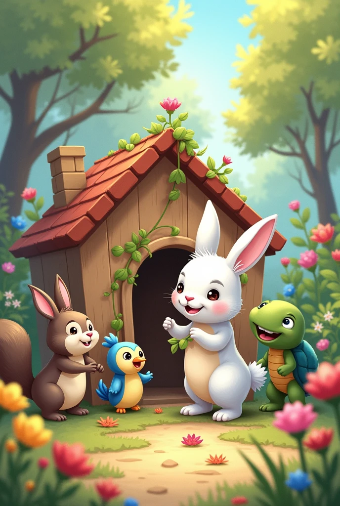 A cute Rabbit(uniform white with slightly gray on the upper body) is standing in front of his small house surrounded by blooming flowers in a forest, with his friends – the squirrel(uniform brownish gray in color with a slightly darker tail and a white chest), bird(whitish blue bird with red beak), and turtle(green turtle with blue shell)– helping him to decorate the rabit's house with flowers.