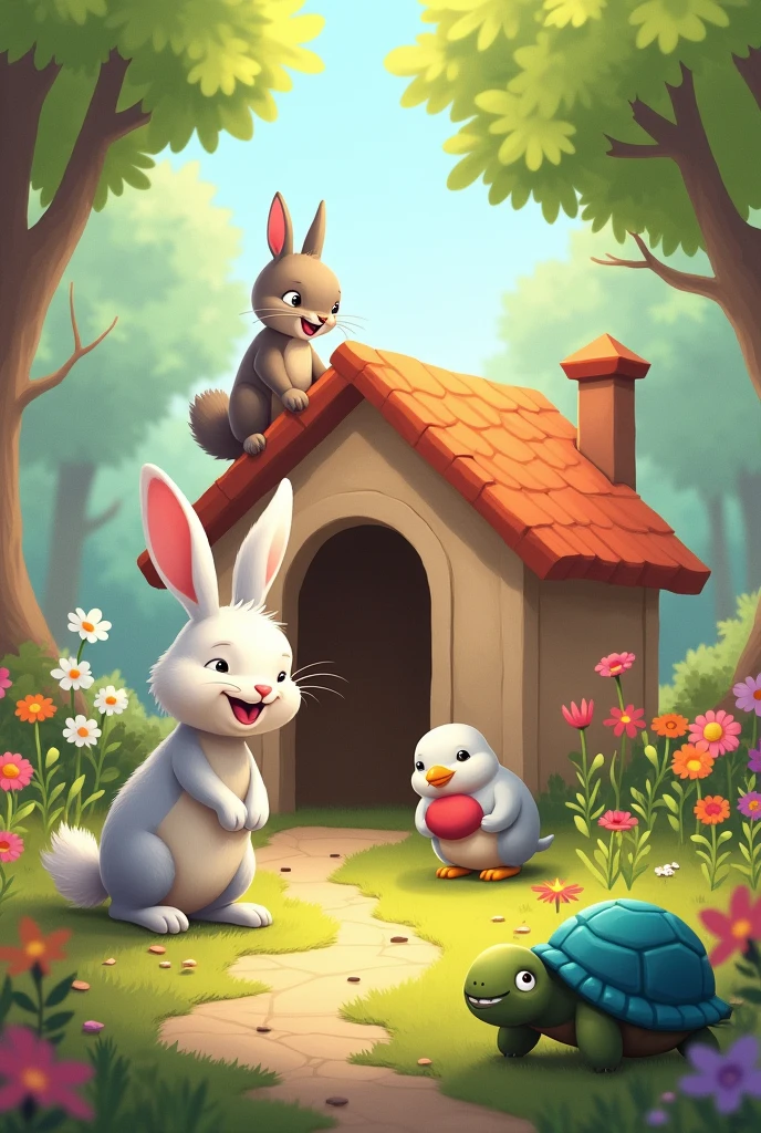 A cute Rabbit(uniform white with slightly gray on the upper body) is standing in front of his small house surrounded by blooming flowers in a forest, with his friends – the squirrel(uniform brownish gray in color with a slightly darker tail and a white chest), bird(whitish blue bird with red beak), and turtle(green turtle with blue shell)– helping him to decorate the rabit's house with flowers.