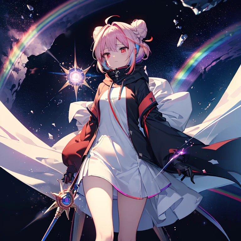 (((Have a rapier length))) ((Fantasy Rainbow Hair length髪 Hair Bun Dull red eyes High Neck Hoodie Mouth covered by clothing Put on a coat without putting your arms through it Lonely despair)) ((tears gloves)) (Broken glass Distorted Space-Time star moon) Catch the wind Shining Background Particles of light, Shining Edges