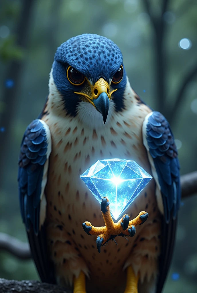 A falcon holding an animated diamond
