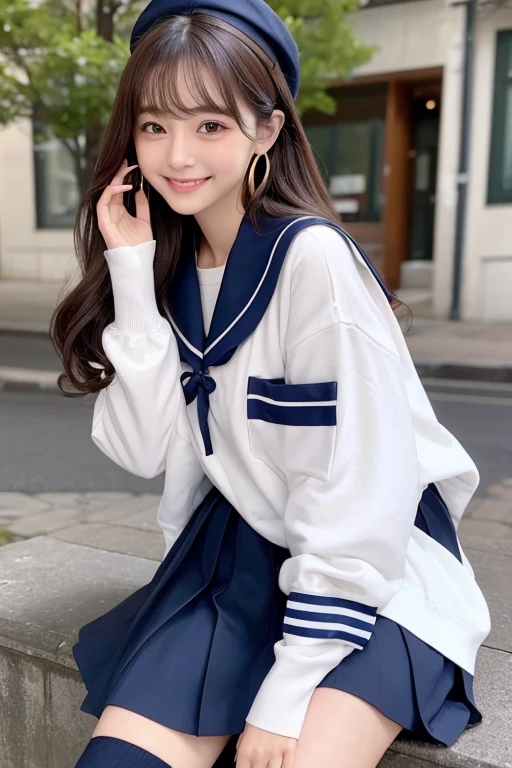 gender: Female
Age: Height at age 18: 160cm
somatotype: Skinny Skin Color: Bright pink hair color: Black Hair Length: Long hair up to the chest: straight、Slightly inward-curling face shape: Oval forehead width: Medium eyebrow shape: Thin and straight eyebrow color: Eye pupil shape: Big round eyes Eye color: Dark Brown Eyelashes: Long, curly nose shape: small、Slightly upward-facing mouth shape: smallて可愛らしい形
唇の色: Pale pink teeth: small、Well-formed white teeth and jaw shape: Small, rounded jaw and ear shape: small、Earlobe is slightly thick Mole: Small mole under left eye Facial features: Gentle cheek line and skin texture: Soft and fluffy skin look: A bright and cute smile, the color of the sailor uniform: Navy blue and white sailor suit collar: Navy blue sailor collar with white lines and ribbon: Red ribbon sailor suit sleeve: Short、Sailor skirt with white lines: Navy blue pleated skirt Skirt length: Knee boots: black loafer socks: White Crew Socks Accessories: Small gold earrings posture: A straight posture and detailed facial expressions: With a smile、The eyes are slightly narrowed: Characteristics of a lively and bright voice: High-pitched, cute voice(Voice quality image)
hobby: I am a hard worker and often go to the library.(Having a book etc.)
background: School classroom or playground posture angle: Front facing hair accessory: Small ribbon-shaped hairpin(Right side)
action: Hands clasped together in greeting: smallて細い指
手の位置: Ornaments placed around the waist: A simple ring on the pinky finger of the right hand.: A slightly embarrassed expression Eyelash color: Black hair gloss: Shiny and healthy hair quality Seasonal: Early Spring Outfit、A scene where soft light shines in