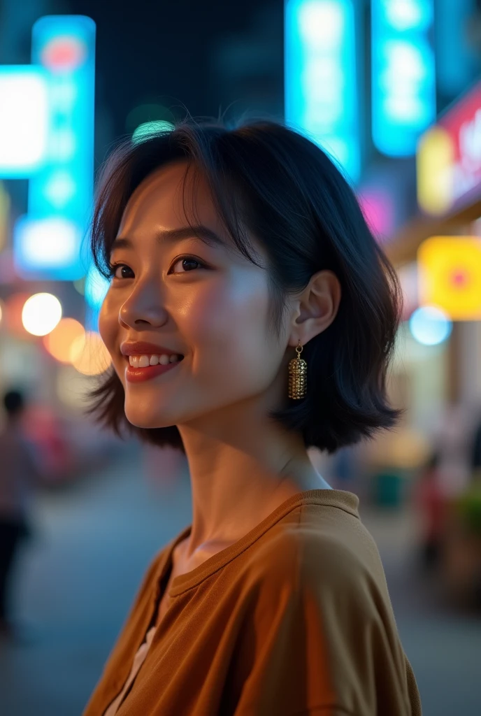 Make a picture of a Thai Asian woman standing in the middle of the street facing to the right, smiling, brown shirt, short hair with earrings, a blurred background, and blue and yellow lights.