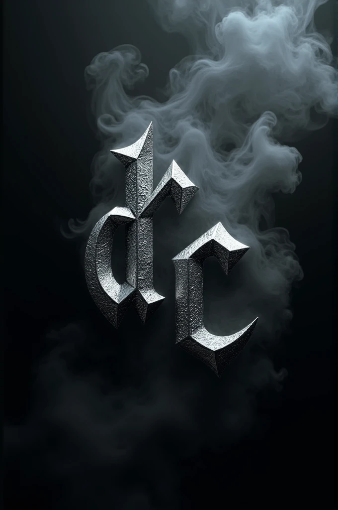 The letters ( R D M C ) in shiny metallic texture, in gothic style floating on a black background with lots of smoke
