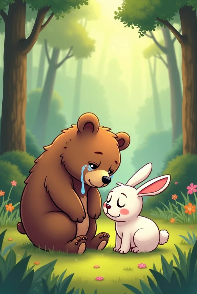 Create a cartoon of a brown bear in a forest crying and a white rabbit