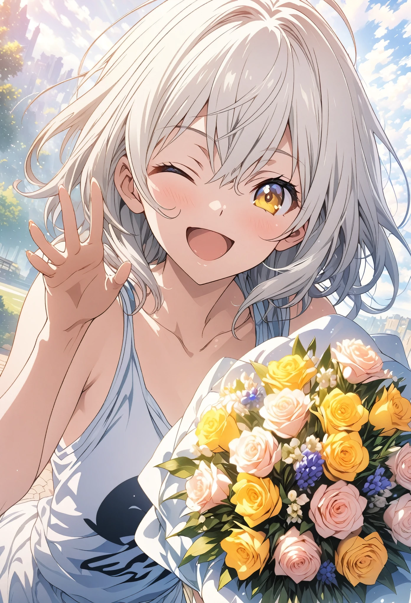 masterpiece, Highest quality, Highly detailed CG Unity 8k wallpaper, High School Girl Anime Illustration. Wear an oversized tank top、Holding a bouquet、Gun Pose、she has her eyes closed and mouth open, smile. The background is a light pastel colored landscape....., white hair color, Yellow Eyes