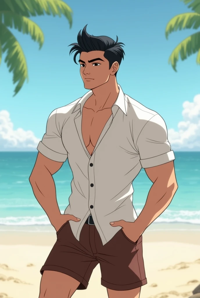 ager,Diamond face shape,Have muscles,Black french crop hairstyle,Thai person,Brown shorts,white shirt,Release the hem.,Standing on the beach