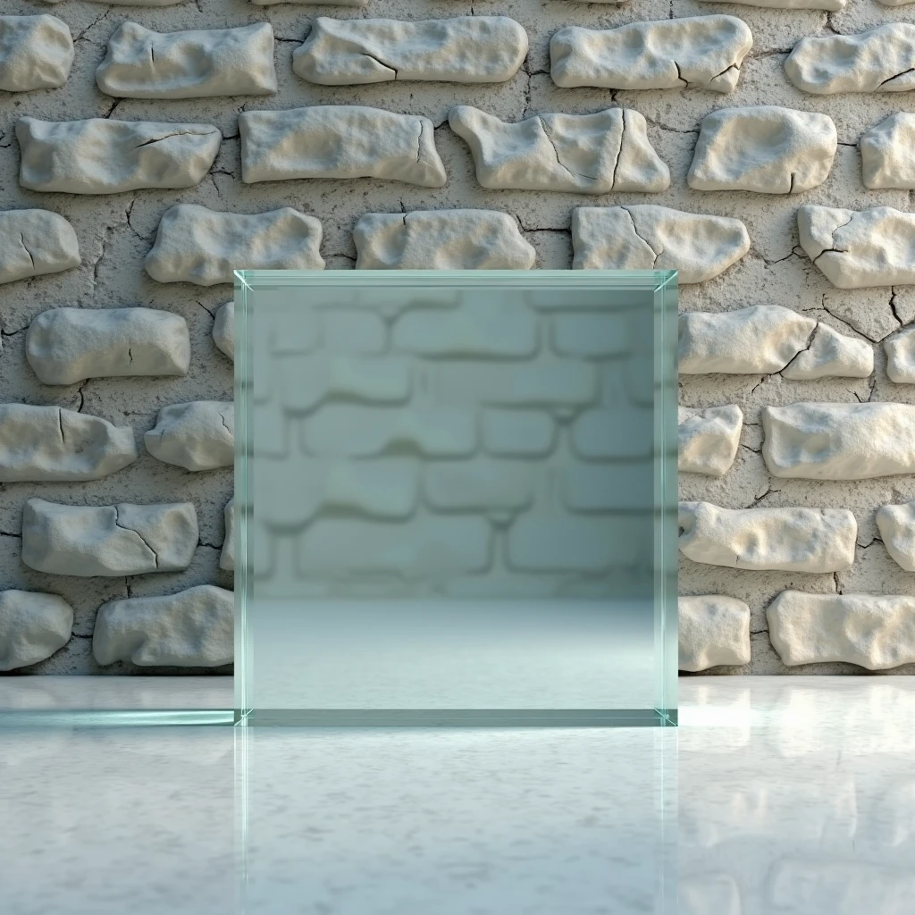 "Generates an image showing a brick stone textured background wall, highlighting the irregular and natural details of the stone, mostly cracks. The floor must be smooth and uniform., contrasting with the texture of the wall. on the floor, place a simple glass cube, transparent and geometrically precise, that reflects light subtly and shows the details of the environment through its faces, everything looking straight and uniform."