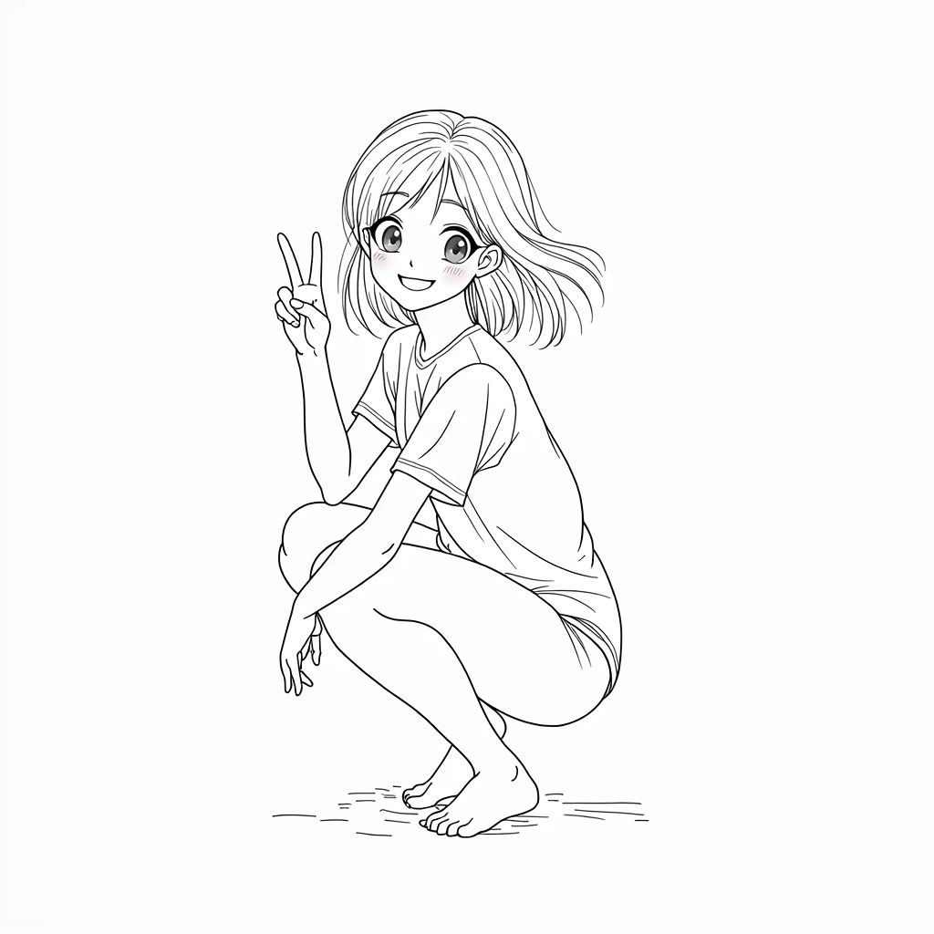 Line art　anime　woman　squat　peace sign