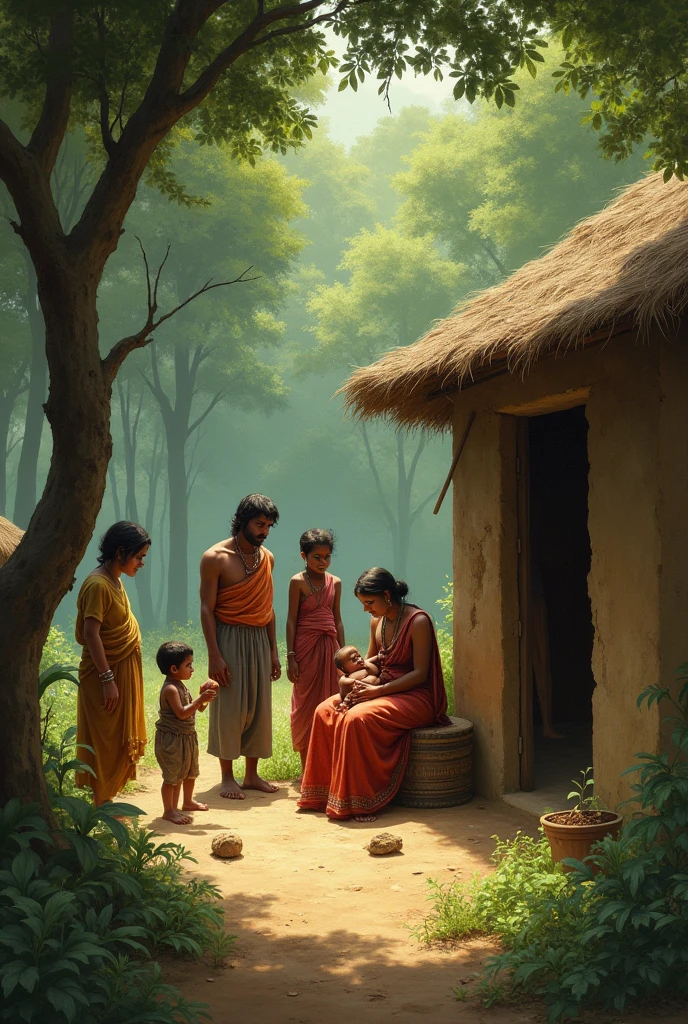 A small village in the Chota Nagpur region of Jharkhand in 1875. The scene shows a modest, traditional hut surrounded by dense forests. Inside the hut, a newborn baby (Birsa Munda) is cradled in the arms of his mother, with his family members surrounding him. The environment reflects the humble and rural beginnings of Birsa Munda's life.
