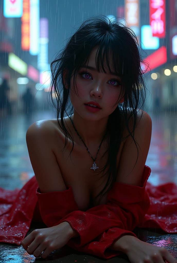 A naked  girl with purple  eyes  in red torn suit and wet body and laying down in cyberpunk city and rainy weather and watching me with smile 