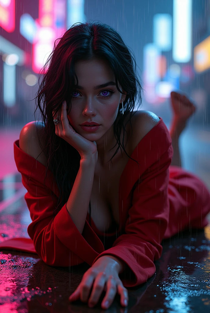 A naked girl with purple eyes in red torn suit and wet body and laying down in cyberpunk city and rainy weather and watching me with smile
