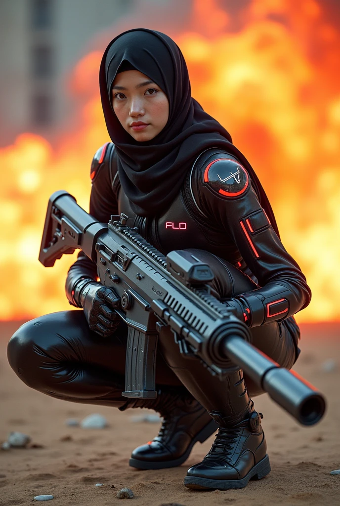 create ultra high resolution photos in realistic style Transformation of a beautiful girl from South Korea,clean and white face, wear the hijab,He wears a robot suit and Titan Shell robot shoes with text written on them. "LD"small neon logo, The artistic and unique futuristic red carbon highlights the technological elements that blend into its body.. Express confidence and enthusiasm,Sharp eye gaze,he sat crouched holding a large firearm,his weapon is the size of a car, explosion background, api, fire, realistic