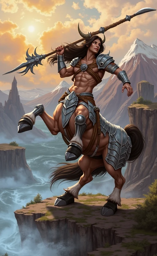 A centaur on a mountain top, armour plated, rampant on hind legs, holding a spear, fantasy backdrop