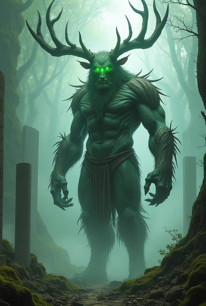 An ancient forest guardian with bark-like skin, massive antlers, and eyes that glow like emeralds, surrounded by swirling mist and ancient ruins."