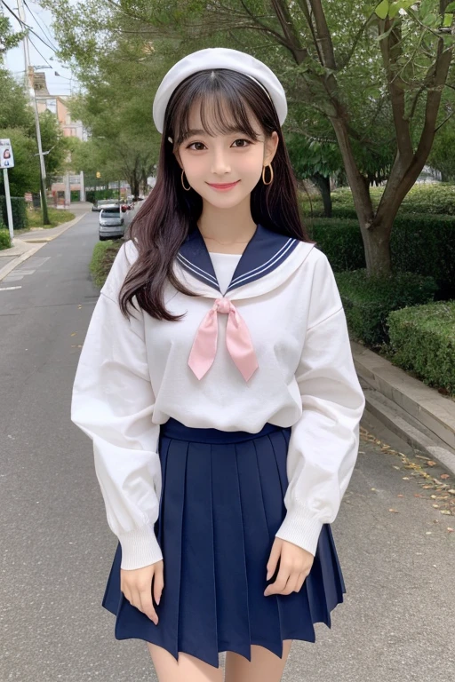 gender: Female
Age: Height at 8: 160cm
somatotype: Skinny Skin Color: Bright pink hair color: Black Hair Length: Long hair up to the chest: straight、Slightly inward-curling face shape: Oval forehead width: Medium eyebrow shape: Thin and straight eyebrow color: Eye pupil shape: Big round eyes Eye color: Dark Brown Eyelashes: Long, curly nose shape: small、Slightly upward-facing mouth shape: smallて可愛らしい形
唇の色: Pale pink teeth: small、Well-formed white teeth and jaw shape: Small, rounded jaw and ear shape: small、Earlobe is slightly thick Mole: Small mole under left eye Facial features: Gentle cheek line and skin texture: Soft and fluffy skin look: A bright and cute smile, the color of the sailor uniform: Navy blue and white sailor suit collar: Navy blue sailor collar with white lines and ribbon: Red ribbon sailor suit sleeve: Short、Sailor skirt with white lines: Navy blue pleated skirt Skirt length: Knee boots: black loafer socks: White Crew Socks Accessories: Small gold earrings posture: A straight posture and detailed facial expressions: With a smile、The eyes are slightly narrowed: Characteristics of a lively and bright voice: High-pitched, cute voice(Voice quality image)
hobby: I am a hard worker and often go to the library.(Having a book etc.)
background: School classroom or playground posture angle: Front facing hair accessory: Small ribbon-shaped hairpin(Right side)
action: Hands clasped together in greeting: smallて細い指
手の位置: Ornaments placed around the waist: A simple ring on the pinky finger of the right hand.: A slightly embarrassed expression Eyelash color: Black hair gloss: Shiny and healthy hair quality Seasonal: Early Spring Outfit、A scene where soft light shines in