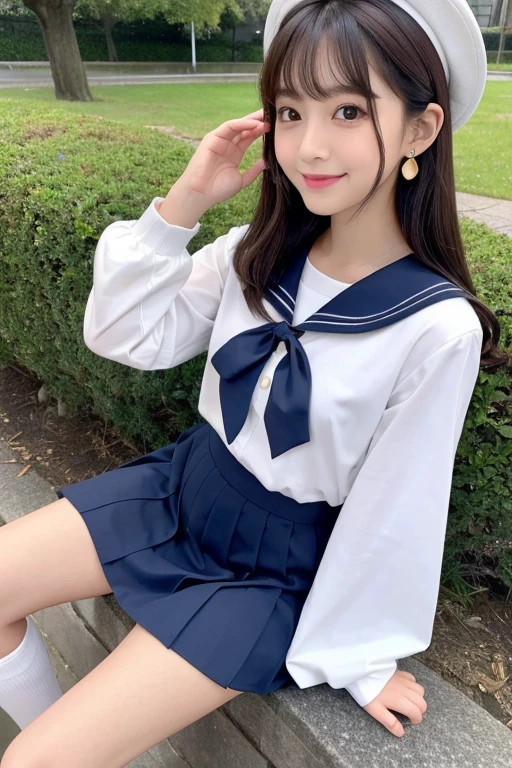 gender: Female
Age: Height at age 18: 160cm
somatotype: Skinny Skin Color: Bright pink hair color: Black Hair Length: Long hair up to the chest: straight、Slightly inward-curling face shape: Oval forehead width: Medium eyebrow shape: Thin and straight eyebrow color: Eye pupil shape: Big round eyes Eye color: Dark Brown Eyelashes: Long, curly nose shape: small、Slightly upward-facing mouth shape: smallて可愛らしい形
唇の色: Pale pink teeth: small、Well-formed white teeth and jaw shape: Small, rounded jaw and ear shape: small、Earlobe is slightly thick Mole: Small mole under left eye Facial features: Gentle cheek line and skin texture: Soft and fluffy skin look: A bright and cute smile, the color of the sailor uniform: Navy blue and white sailor suit collar: Navy blue sailor collar with white lines and ribbon: Red ribbon sailor suit sleeve: Short、Sailor skirt with white lines: Navy blue pleated skirt Skirt length: Knee boots: black loafer socks: White Crew Socks Accessories: Small gold earrings posture: A straight posture and detailed facial expressions: With a smile、The eyes are slightly narrowed: Characteristics of a lively and bright voice: High-pitched, cute voice（Voice quality image）
hobby: I am a hard worker and often go to the library.（Having a book etc.）
background: School classroom or playground posture angle: Front facing hair accessory: Small ribbon-shaped hairpin（Right side）
action: Hands clasped together in greeting: smallて細い指
手の位置: Ornaments placed around the waist: A simple ring on the pinky finger of the right hand.: A slightly embarrassed expression Eyelash color: Black hair gloss: Shiny and healthy hair quality Seasonal: Early Spring Outfit、A scene where soft light shines in