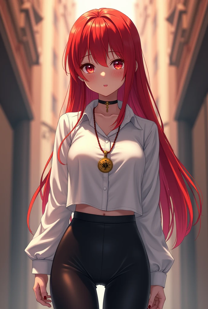 2D, masterpiece, best quality, Japanese cartoons, The face is rich in detail, Very detailed eyes, Very detailed background, Perfect lighting, 1 Girl, Solitary, whole body, permanent, Latex Leggings, White shirt, Red hair, amulet