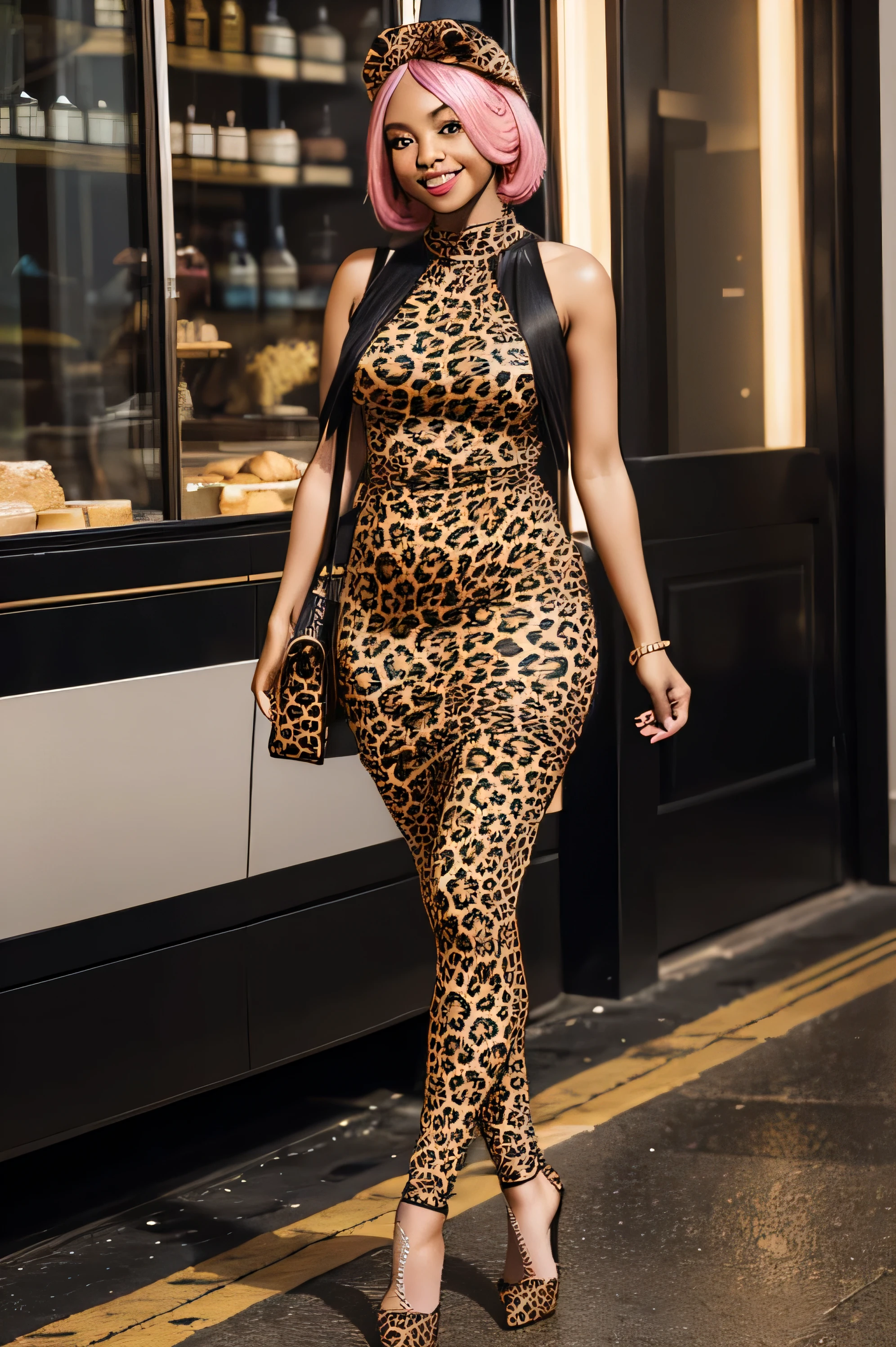 Beautiful black woman, wearing a pink wig on her head, young, wearing a Leopard stripe skin tight dress, holding a leopard style bag, Posing, Smiling, wearing brown high heels