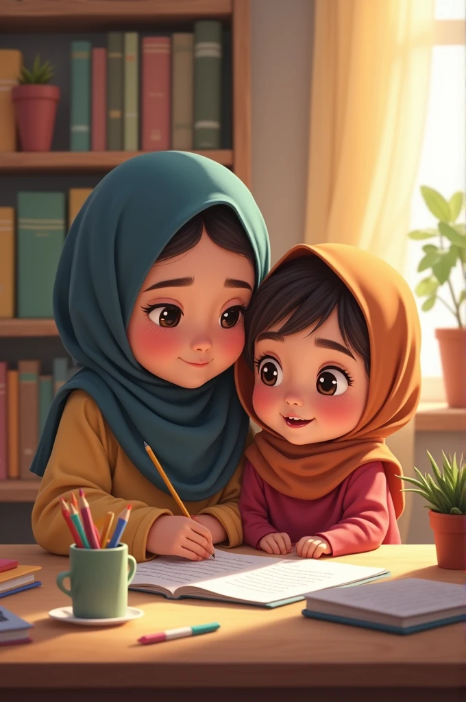 Islamic small girl helping her friend doing Homework.