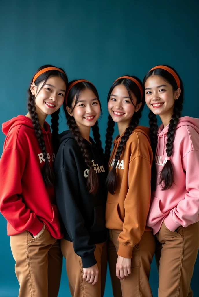 Create a full body four beautiful Thai women's smiling wearing a red/black/brown/pink hoodie and say's "Rachel/ahya/Zilla/Jessica " brown cargo pants, black long hair braids with brown headband, posting a dark blue background, looking at the camera. Photography.