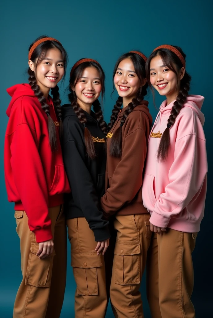 Create a full body four beautiful Thai women's smiling wearing a red/black/brown/pink hoodie and say's "Rachel/ahya/Zilla/Jessica " brown cargo pants, black long hair braids with brown headband, posting a dark blue background, looking at the camera. Photography.