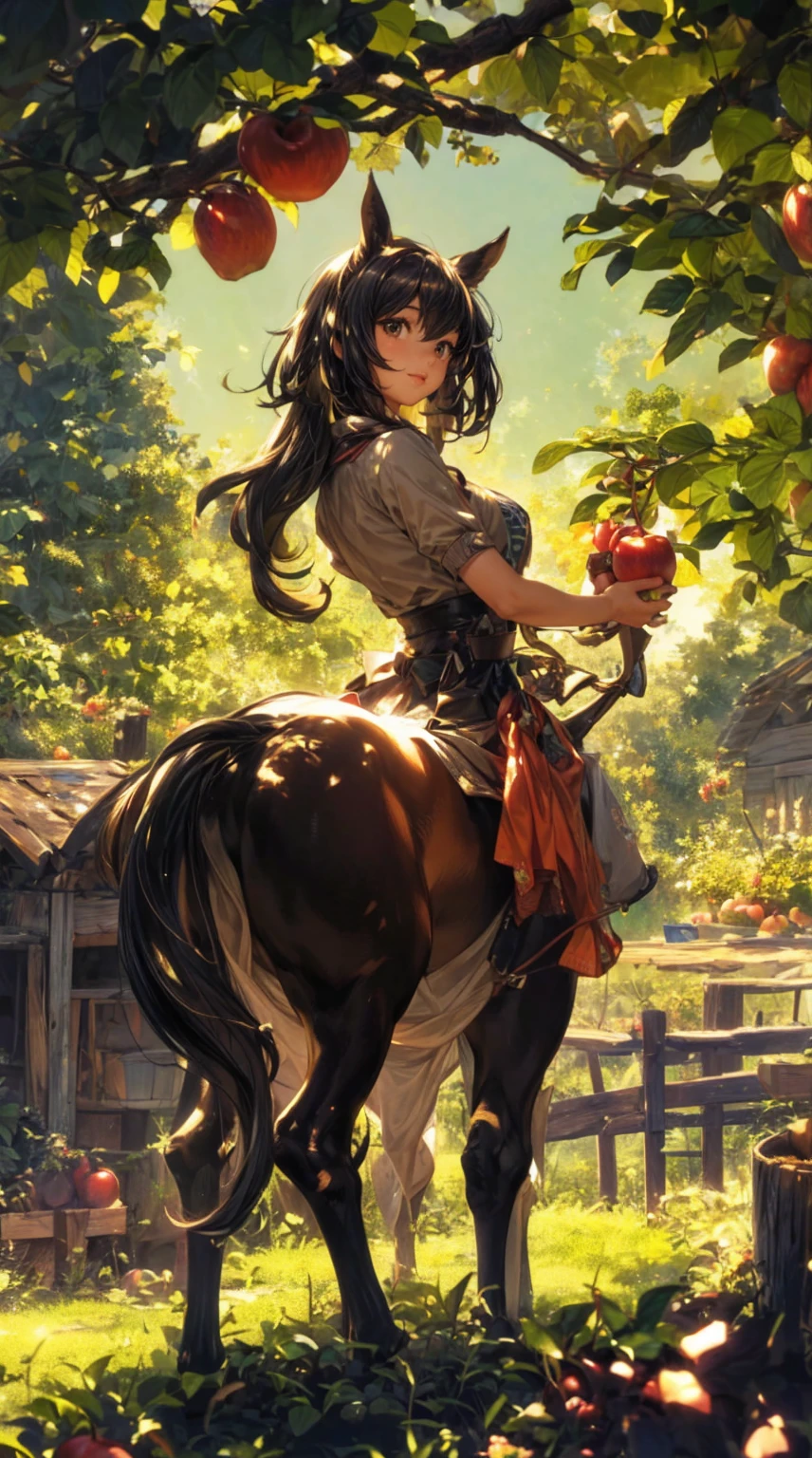 (best quality, photorealistic, ultra-detailed), a centaur is working at the farm collecting apples in the morning, happy, verdant surroundings