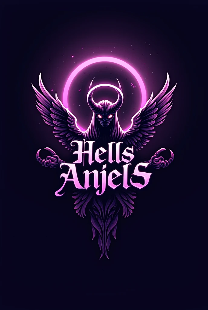 Create a purple logo that has the name HELLS ANJELS and an angel mixed with a demon