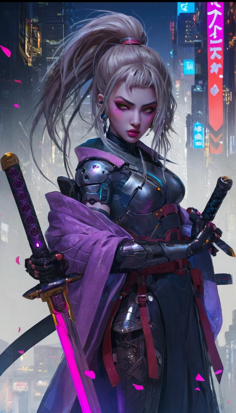 1girl, cyberpunk warrior woman, holding futuristic sword, city background, detailed facial features, intricate armor, cyberpunk aesthetic, dynamic pose, atmospheric lighting, dramatic shadows, hyperdetailed, 8k, masterpiece, photorealistic, hyper-realistic, cinematic, vivid colors, dramatic contrasts, beautiful detailed eyes, beautiful detailed lips, extremely detailed face, long eyelashes, digital art, concept art, artstation, pixiv
