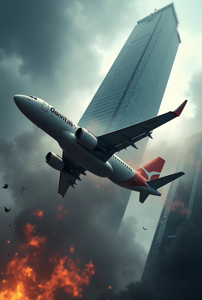 Image with a commercial plane in the background with the name Iker Qantas crashing into a building