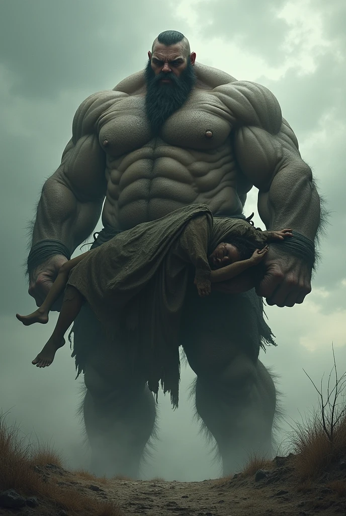 A gaint man with carrying a dead body