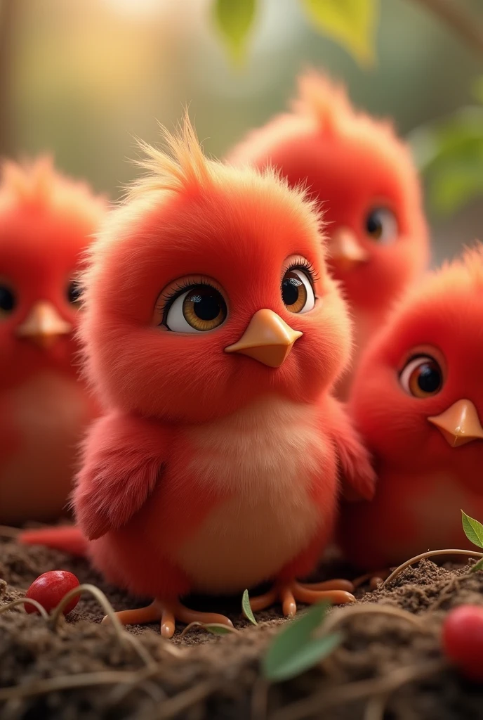 HD images, animation of red baby birds, soft hair, cute faces, colorful