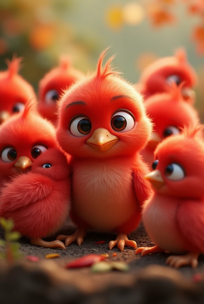 HD images, animation of red baby birds, soft hair, cute faces, colorful