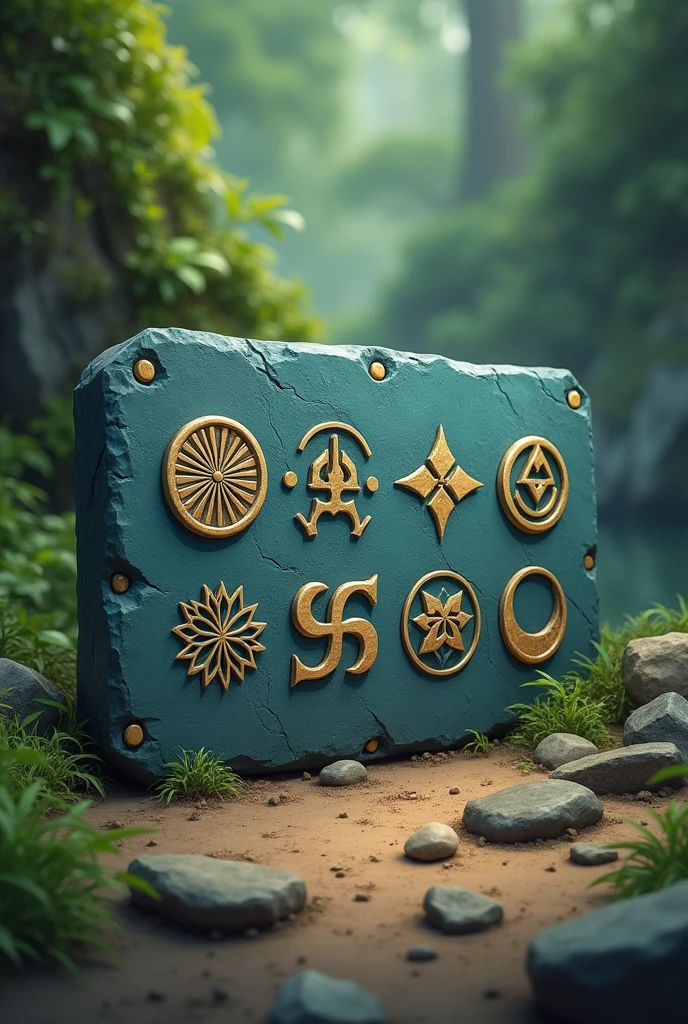 rectangular horizontal stone slate decorated tablet with 6 horizontal symbols. mystic, natural nation, magical, speech, rectangular, 3D stylized cartoon style