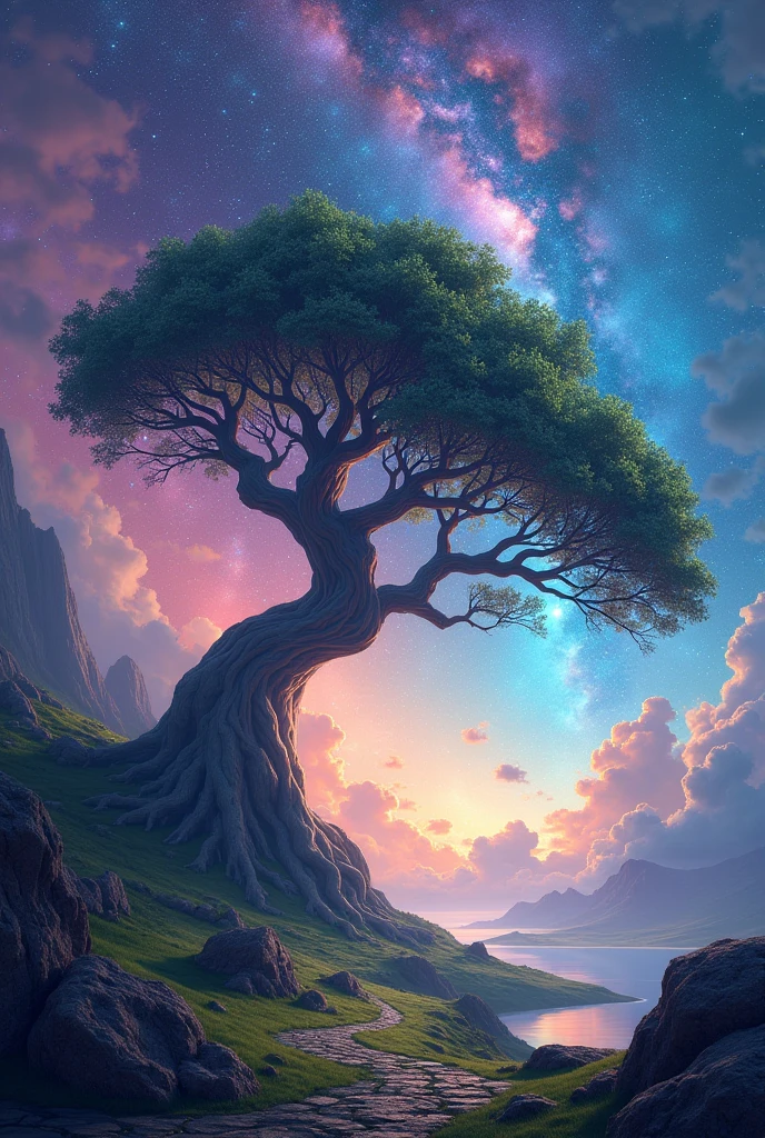 Beautiful tree with spreading and long branches on colorful starry and galactic background. Elongated landscape.