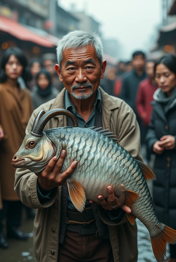 Photography of a goat, fish-bodied,held by an asian male fisherman,surrounded by many people, A young woman, kambing fish-bodied,remind (kambing fish-bodied.)).48KHD resolution,realistic,hyperrealistic,naturalistic,intricate details like real.