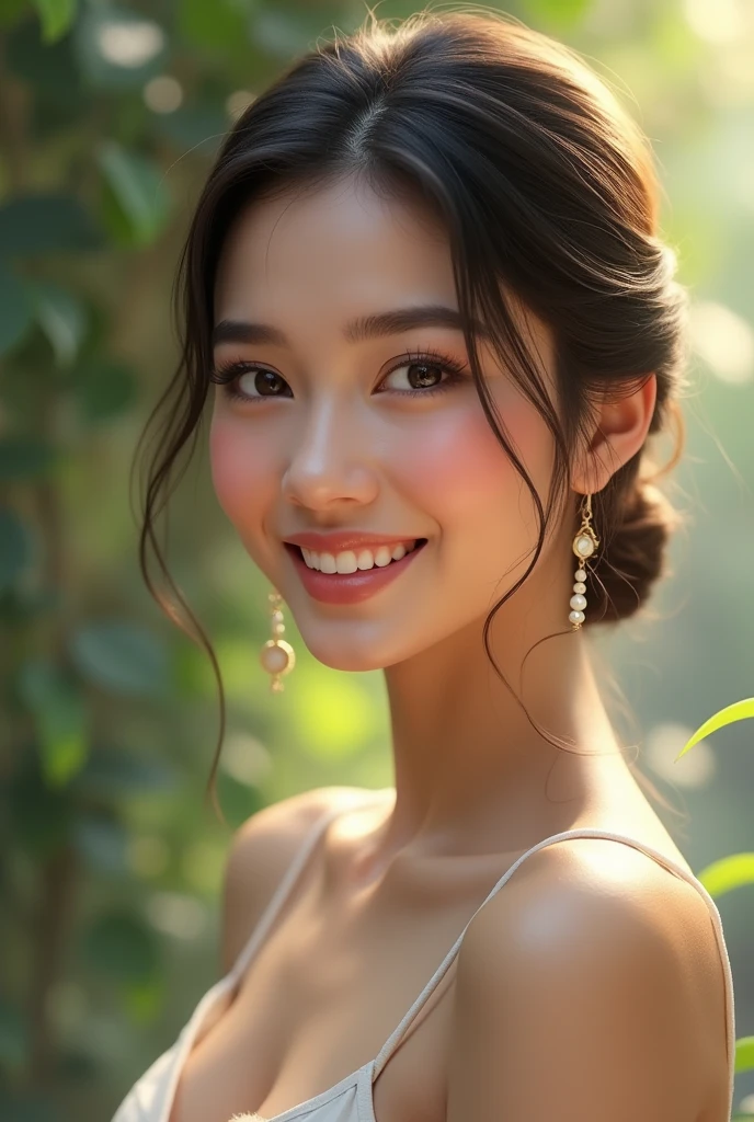 Make a picture of a young Asian (Thai) woman with low bun hair and earrings smiling sideways. There is a blurred bokeh light texture image.
