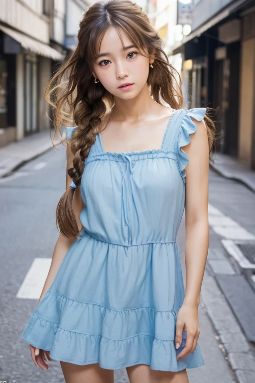 (((masterpiece))), ((photo realistic:1.55)), full body, Japanese girl,,((broad jawline)),puffy face, twin braids, light brown hair,((messy hair)),Light blue tiered mini dress, tearful face, street,front view