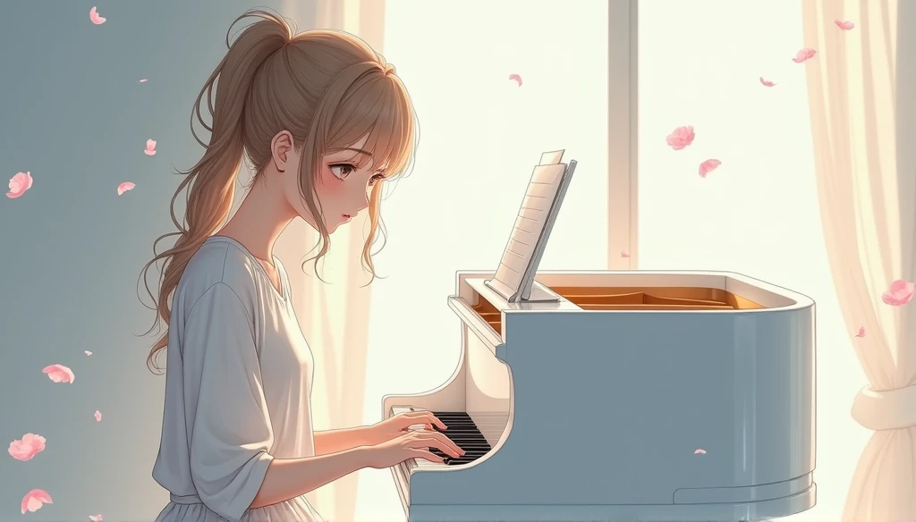 Woman with light brown hair and eyes, Anime version playing the white piano