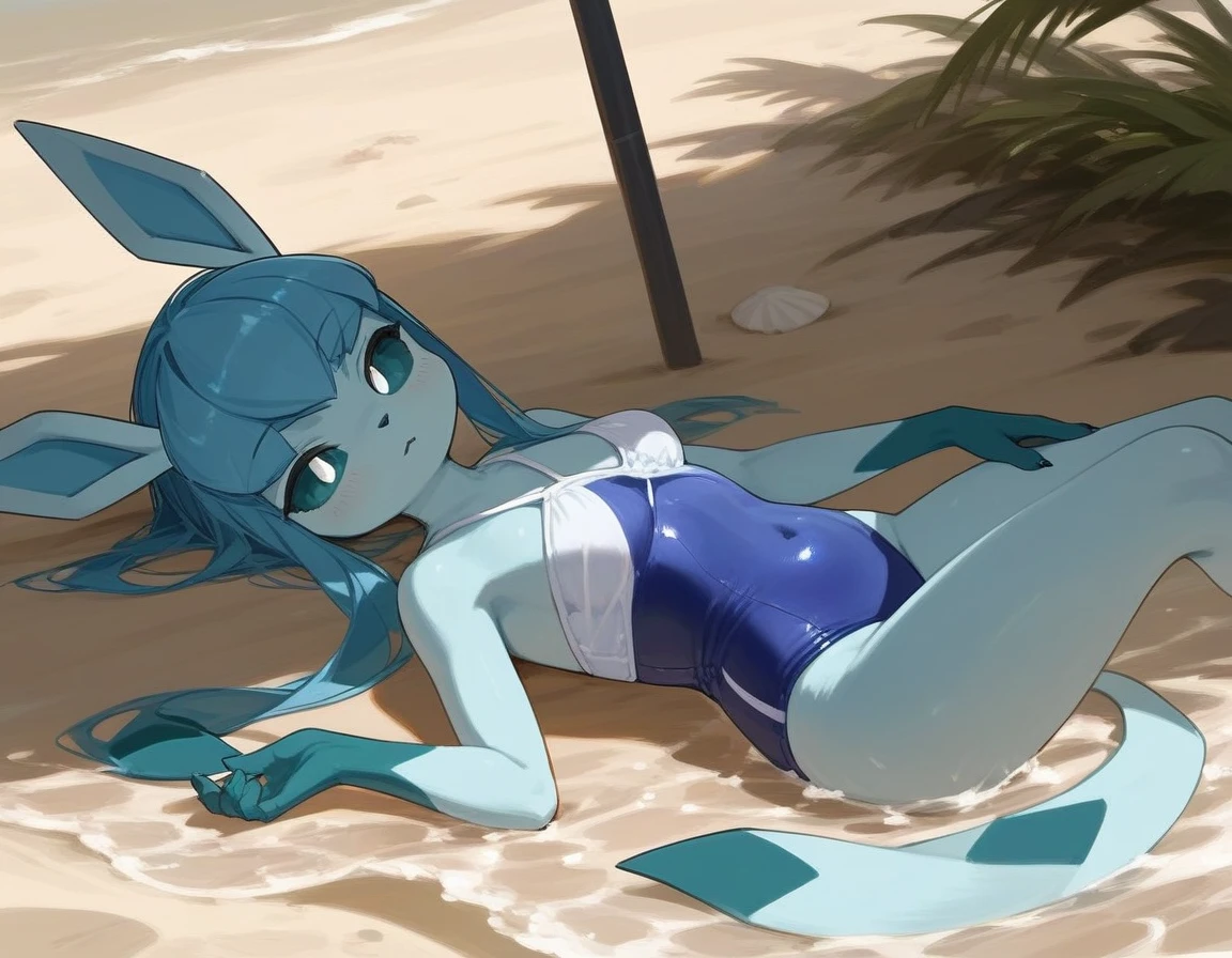 alone, score_9,score_8_up,score_7_up, anthro female glaceon, blue sclera, white eyes, blue one-piece swimsuit, beach, laying on side.