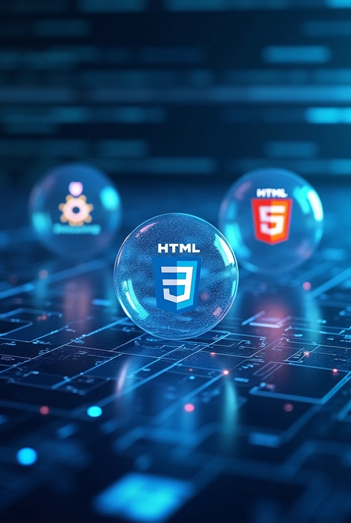blue technological background with horizontal lines and HTML logo,css,JAVASCRIPT inside a bubble each