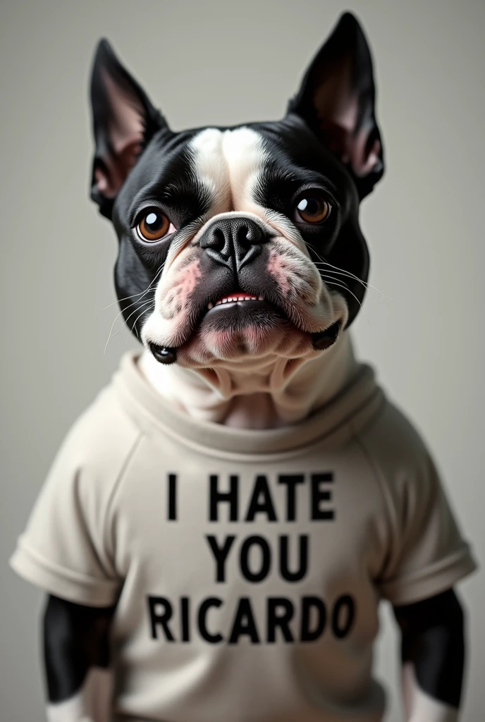 An angry Boston Terrier wearing a shirt that says I hate you Ricardo