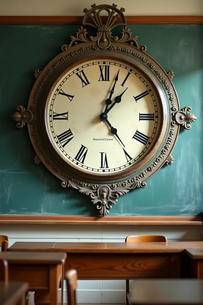 A clock stuck on the classroom wall 
