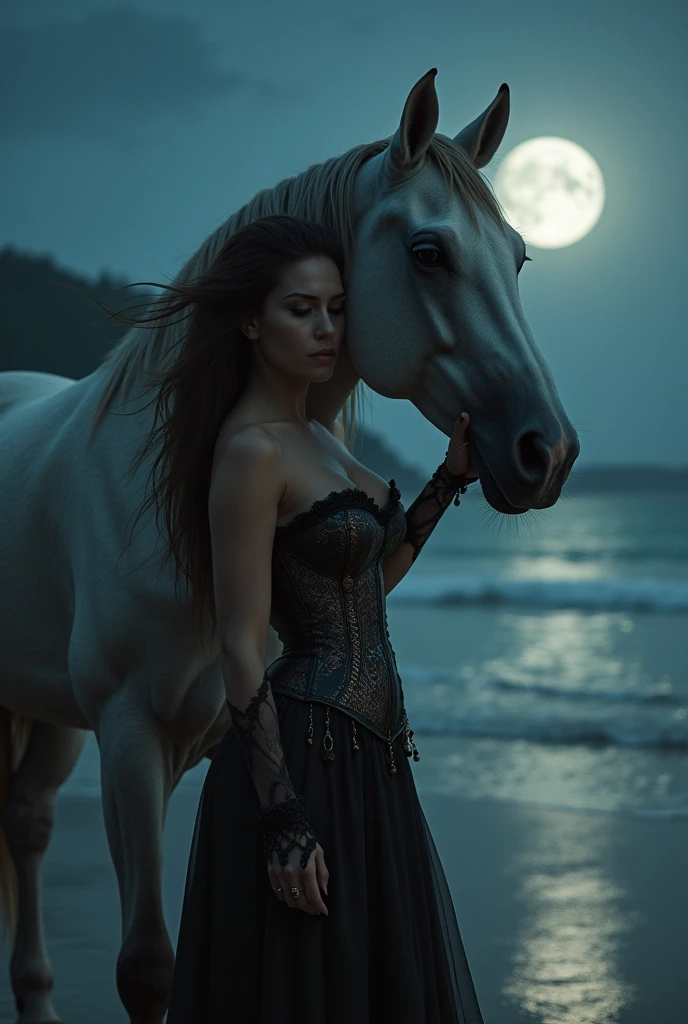 Woman, curvy hourglass body, with horse, wearing corset, on beach in night
