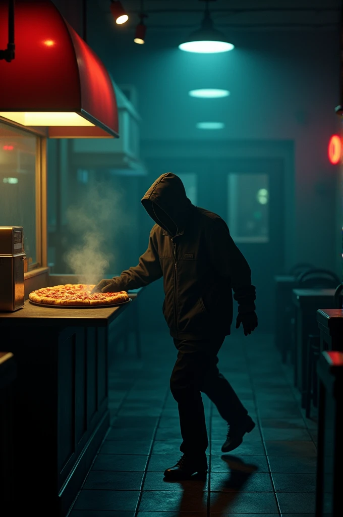 It's 11 pm and a restaurant is open and then two lights are on and a thief is stealing a pizza from the restaurant.