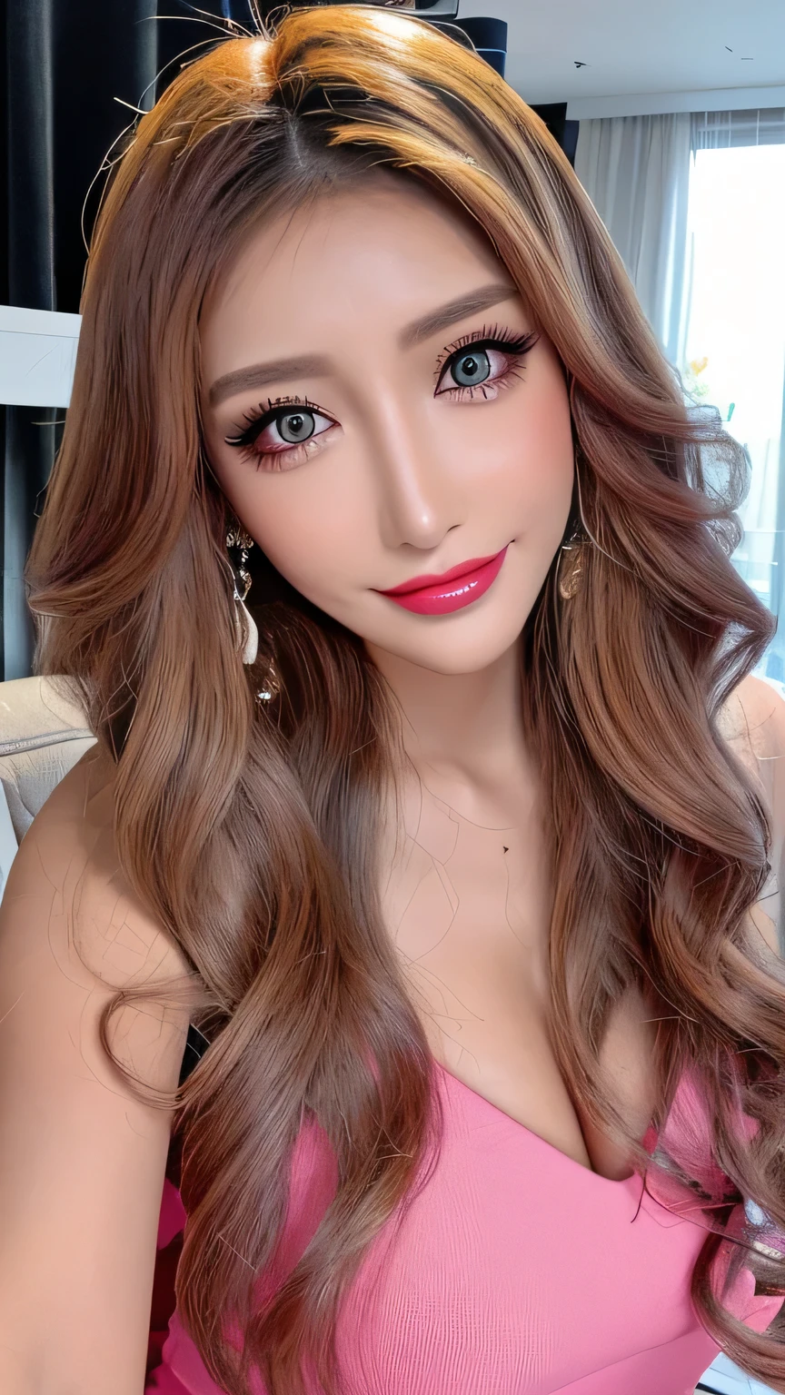 ((Highest quality, Ultra-high resolution、The most complex and detailed depiction))、(Bright lighting:1.1)、(Beautiful woman:1.1)、(Long Wavy Hair:1.05), (Accurate anatomy:1.1)、Colored contact lenses、Perfect Makeup、Pink lipstick、Highly saturated eyeshadow、Shiny metallic bodycon、Blurred Background, Look at me and smile、Luxurious Room、(Ultra-high resolution gloss, Fair skin:1.1)、Ultra-high resolutionの顔、Ultra-high resolutionの髪、Ultra-high resolution sparkling eyes、Ultra-high resolution glossy lips、Beautiful face drawn in every detail、Ultra-high resolution perfect beautiful teeth、(Bright and vivid:1.1), whole body, Beautiful legs in every detail