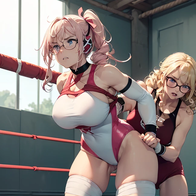 (Masterpiece, best high quality image, carefully detailed details and textures, alone character, full character view, HD)
{{(1character: 30 years old blonde haired danish human girl noble:(fair skin, blonde long curly hair, beautiful light-blue eyes, beautiful face, sharp eyebrows, voluptuous figure, big breasts, beautiful legs, (fallen defeated tired and painfull, breathing slowly very angry, clenching her teethdefiant angry expression, frustration demeanor, recovering herself, sexy moment),((left hair pink-ribbon), round glasses, white strapless wrestling leotard, pink elbow pads, bare shoulders, white armsleeves, pink wristbands, white gloves, pink knee pads, pink wrestling boots),(wrestlers gym, wrestling gym with ropes and turnbuckles, clean gym walls))}}