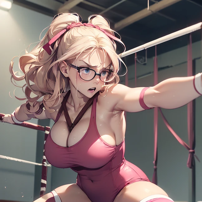 (Masterpiece, best high quality image, carefully detailed details and textures, alone character, full character view, HD)
{{(1character: 30 years old blonde haired danish human girl noble:(fair skin, blonde long curly hair, beautiful light-blue eyes, beautiful face, sharp eyebrows, voluptuous figure, big breasts, beautiful legs, (fallen defeated tired and painfull, breathing slowly very angry, clenching her teethdefiant angry expression, frustration demeanor, recovering herself, sexy moment),((left hair pink-ribbon), round glasses, white strapless wrestling leotard, pink elbow pads, bare shoulders, white armsleeves, pink wristbands, white gloves, pink knee pads, pink wrestling boots),(wrestlers gym, wrestling gym with ropes and turnbuckles, clean gym walls))}}