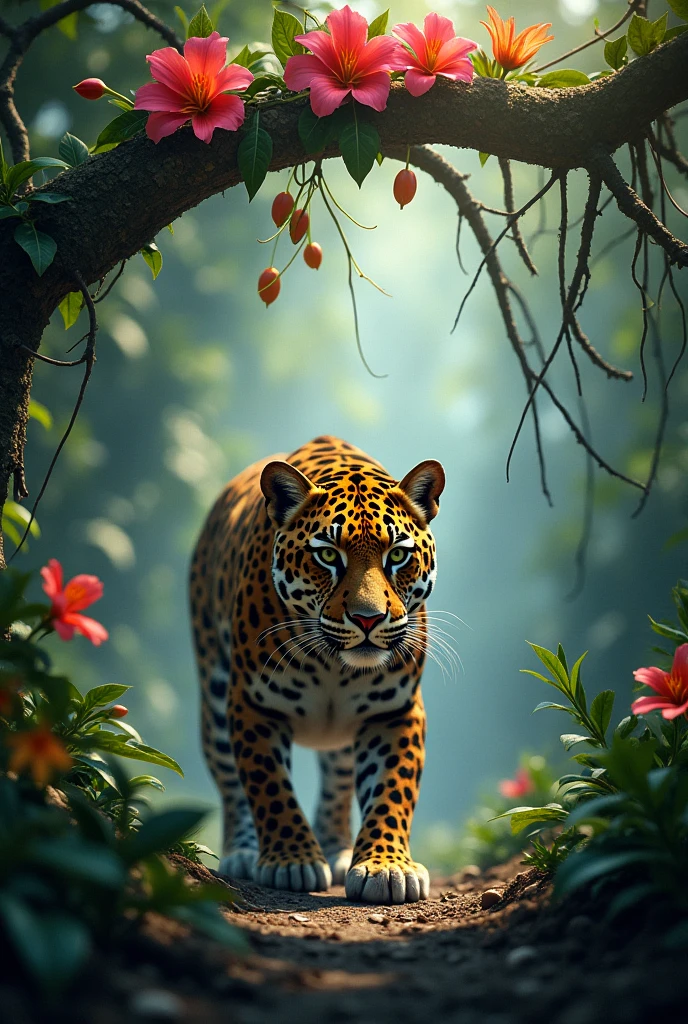 Jaguar in the jungle with many flowers on a branch of a tree


